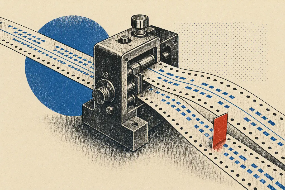 Two perforated configuration strips passing through a proofing machine, with one branch marked out of alignment in red.
